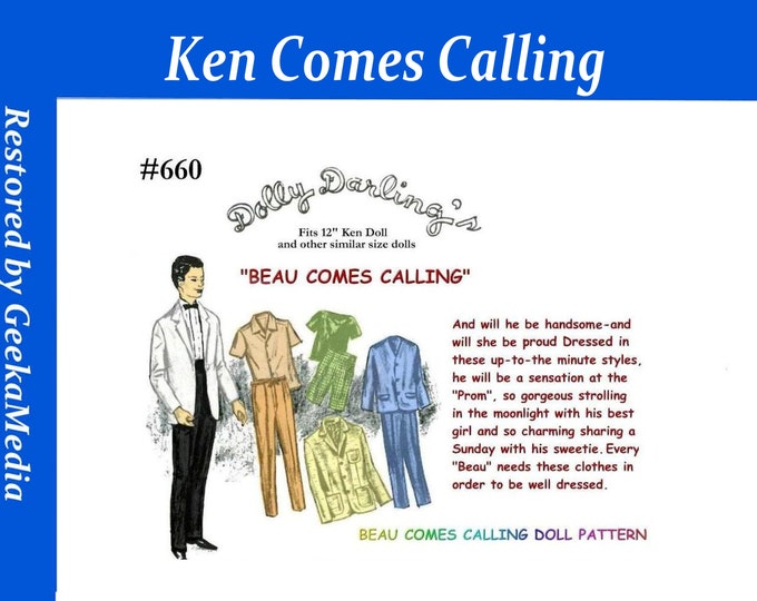 Ken Beau Comes Calling Barbie PDF Sewing Patterns Fits Fashion Size Teen Dolls 12 inches tall