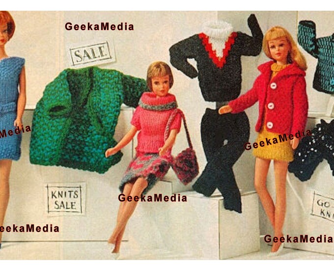 Barbie PDF 1960s Style Knitting Patterns Fits Fashion Size Teen Dolls 11 inches tall (Tammy, Sindy, Francie)