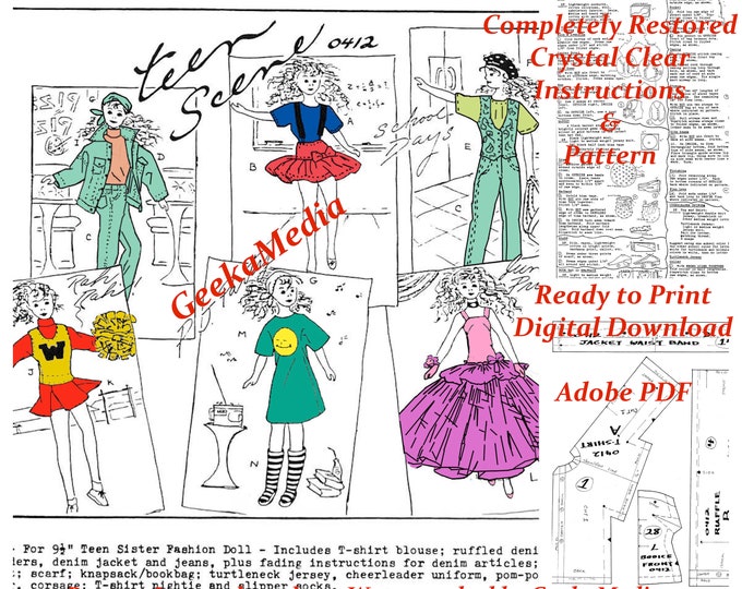 Advance 0412 9 inch Fashion Teen Doll Sewing Patterns for (Skipper, Penny Bright, Pepper, Betsy McCall, Ginny, Muffie, Ginger Dolls) PDF