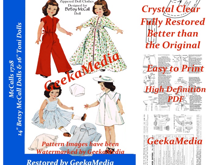 Toni 14 inch Doll and Betsy McCall 16 inch Doll Sewing Patterns in HD PDF McCalls 1728