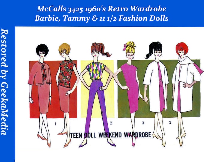 McCalls 3425 11 inch Fashion Teen Doll Sewing Patterns For (Barbie, Tammy, Sindy, Francie, Babette, Wendy, Babs, Cher) PDF