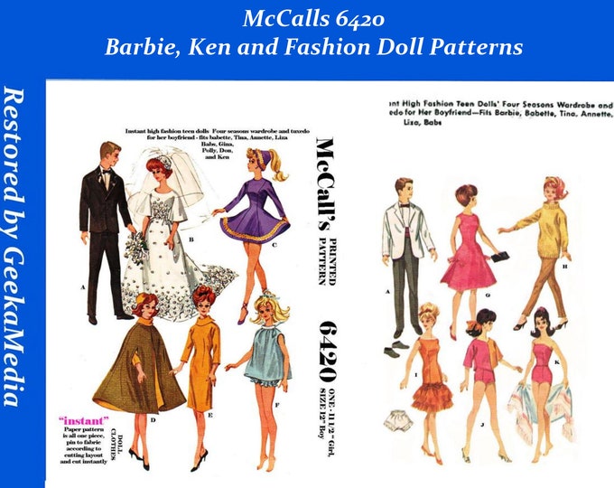 Barbie and Ken PDF Sewing Patterns Fits Fashion Size Teen Dolls 11 inches tall (Tammy, Sindy, Francie, Babette, Wendy, Babs, Cher) 6420