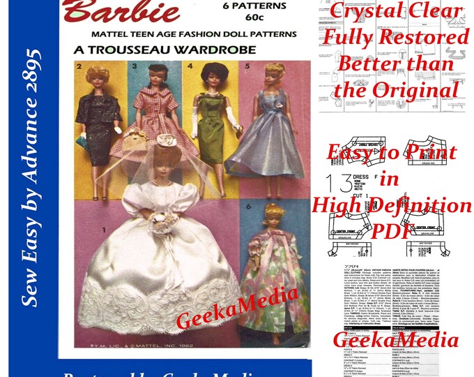 Barbie PDF Sewing Patterns Fits Fashion Size Teen Dolls 11 inches tall (Tammy, Sindy, Francie, Babette, Wendy, Babs, Cher)