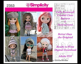 Blythe 12 inch Doll Mix & Match Wardrobe Clothing Sewing Patterns Simplicity 2353 PDF