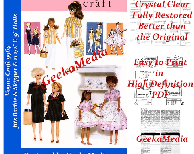 Barbie and Skipper PDF Sewing Patterns Fits Fashion Size Teen Dolls 9 inch Dolls 11 inches Dolls (Tammy, Sindy, Pepper, Blythe) 9964