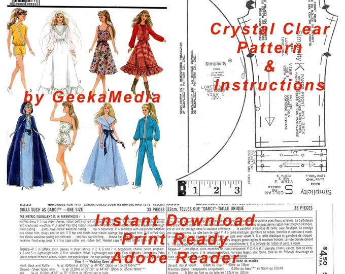 Simplicity 8333 11 inch Fashion Teen Doll Sewing Patterns For (Barbie, Tammy, Sindy, Francie, Babette, Wendy, Babs, Cher) PDF