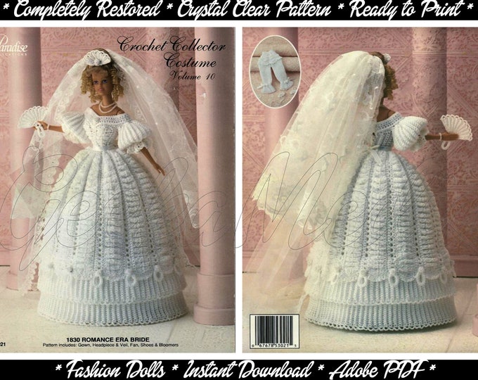 Barbie PDF Romantic Bridal Gown Crochet Pattern Fits Fashion Size Teen Dolls 11 inches tall (Tammy, Sindy, Francie)