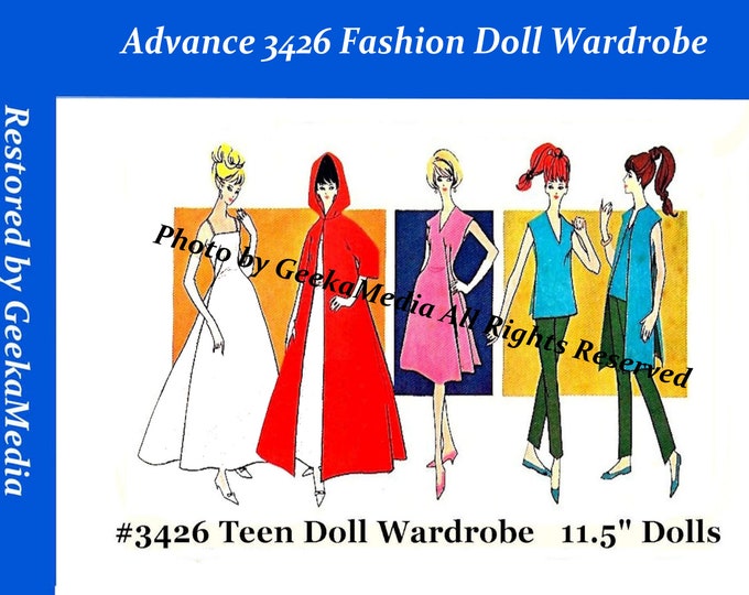 Advance 3426 11 inch Fashion Teen Doll Sewing Patterns For (Barbie, Tammy, Sindy, Francie, Babette, Wendy, Babs, Cher) PDF