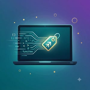 May include: A laptop screen displaying a glowing digital graphic of a price tag icon connected to lines of code. The code includes symbols like brackets, braces, and the text var, if, and function. The background is a dark teal gradient.