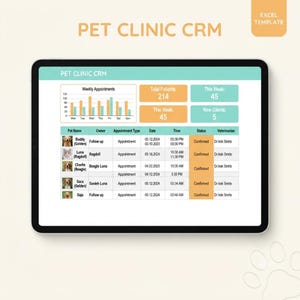 Pet Clinic CRM Excel Template, Vet Practice Management, Appointment & Medical Notes Tracker, Grooming Business, Digital Download