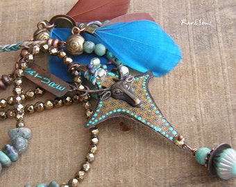 Bohemian necklace, vintage "On the road again" ethnic printing and deer on brass- turquoise-feather and fine stone