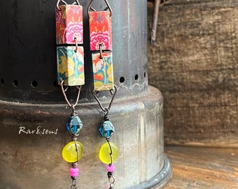 Small lanterns earrings with a gypsy peony and pink opal tropical flower motif,exotic style,bohemian look,gypsy mood,neon pink,blue,yellow