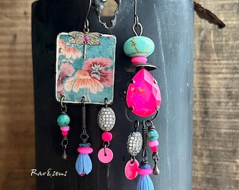 Asymmetrical Dangle Earrings, Neon Pink Cabochon, Floral Dragonfly, Upcycled