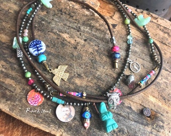 Bohemian look long necklace with bear totems unique charms and medals,rareetsens,turquoise bear,hippie look,handcrafted,pink,blue,fine stone