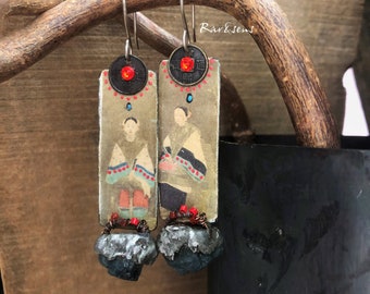 Handcrafted pendant earrings with the portrait of an Asian woman and red and blue raw stone,tin welding,salvage,rareetsens,rustic look