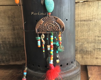 Long necklace with small copper fish, handcrafted and genuine turquoise, recycled fur pompom, leather link, multicolor,bohemian mood,rustic