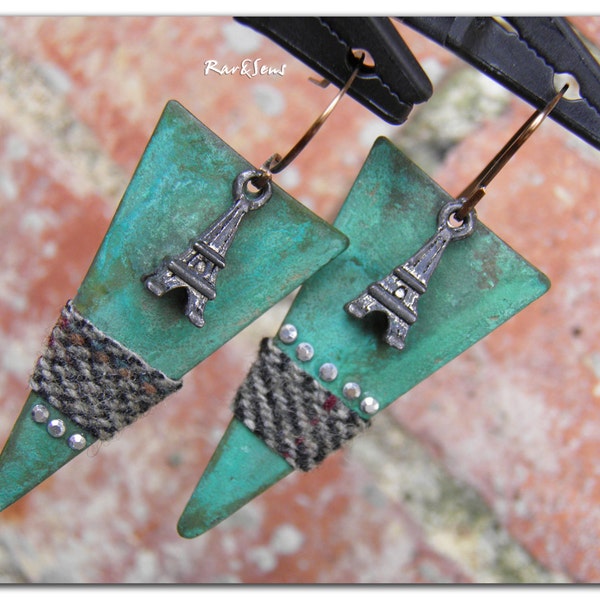 Tribal earrings-vintage ~From the rooftops ...the Eiffel Tower~oxidized Eiffel Tower on verdigris triangle wearing tweed and rhinestones