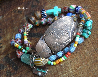 Boho Doppelrang Armband-Nomaden Armband-Hippie Style-Boho Armband-Türkis-Blau-Bunt-Rustikal Look-Kupfer Stück-Sakura