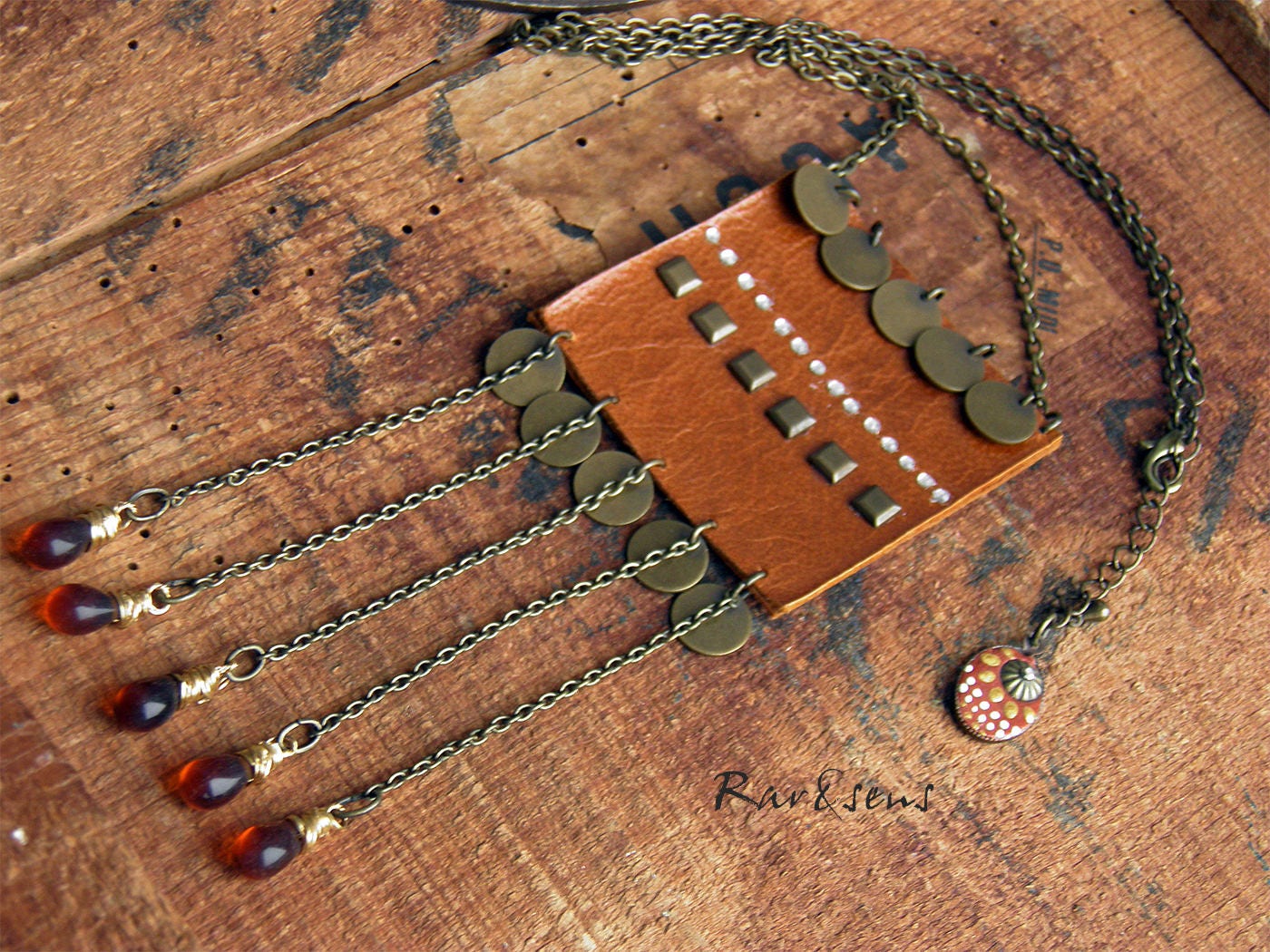 Gold leather square necklace-carame