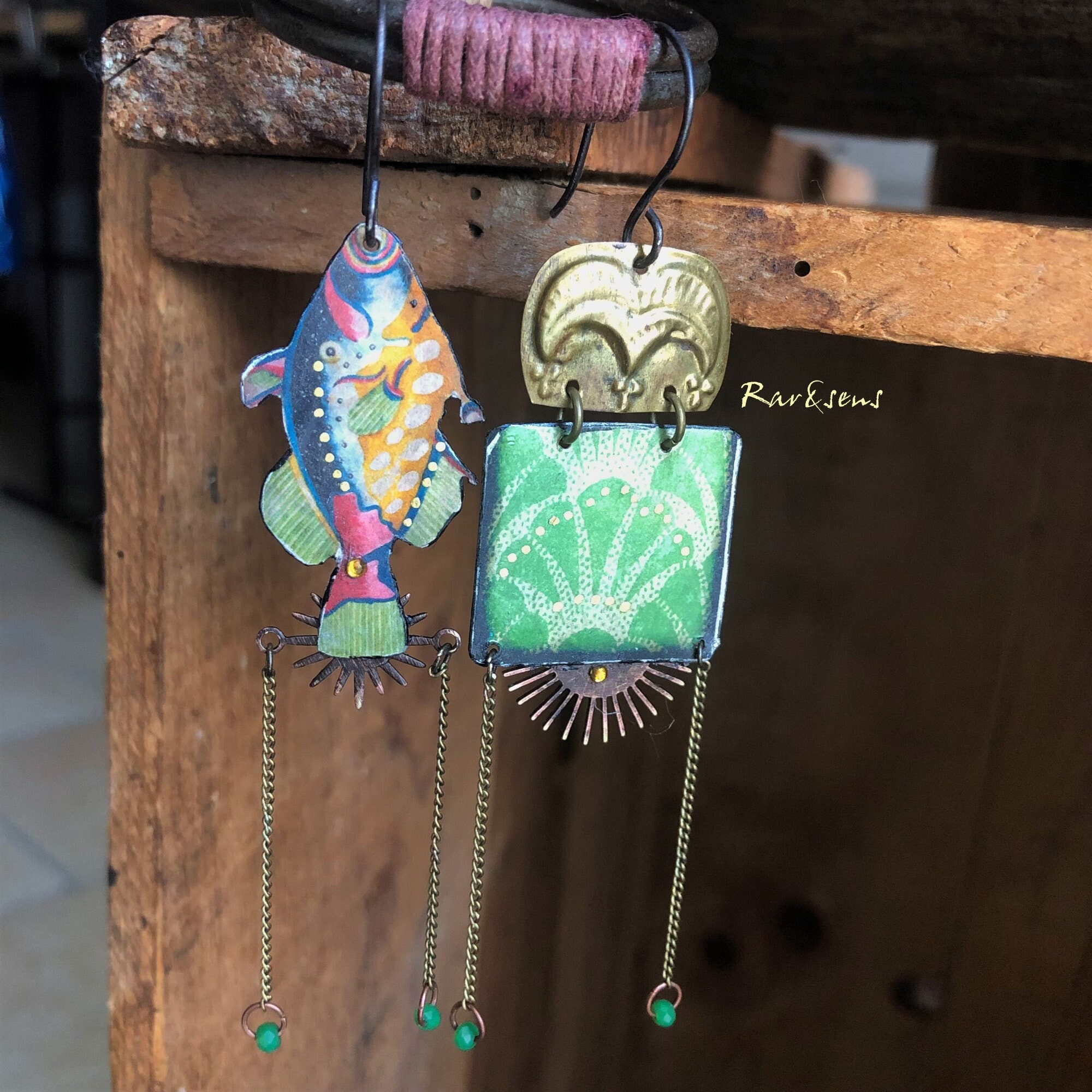 Asymmetrical earrings handmade fish