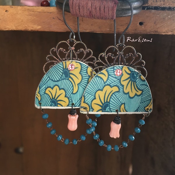Earrings with handcrafted pendants with wax print filigree pattern, small salmon tulip and beaded chain, upcycled,yellow, blue,handmade