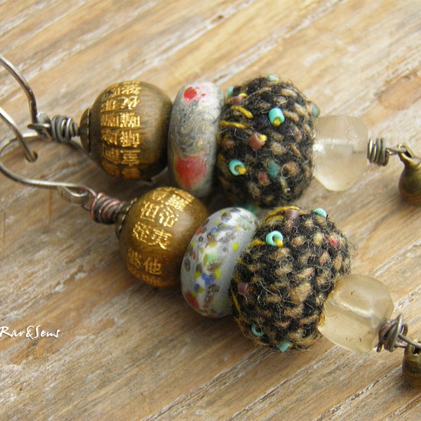 Earrings vintage- hipster "Between Venice and East" Stacking old Venetian beads- Afghan crystal- sandalwood- pearl tweed