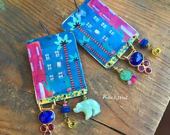 Pop earrings with pop palm city pendants with small bear totem and Indian artisanal charms,rareetsens,pink,blue,fine stone,Miami pop pendant