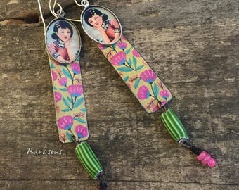 Pop earrings with exotic liberty motif pendants and Asian woman's portrait with AAA pink opal,rareetsens,pop bohemian look,recycled,green