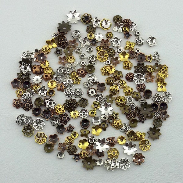 Blumen Perlenkappen Mix, 10g Perlenkappen, Perlenkappen gold, Perlenkappen silber, Perlenkappen silber, bronze Perlenkappen Mix
