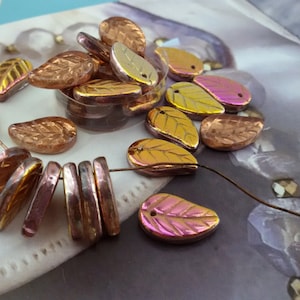 gold leaves czech beads,purple leaf beads,czech glass petal beads,mirror fire polished beads,metallic finish czech bead,mirror glass beads