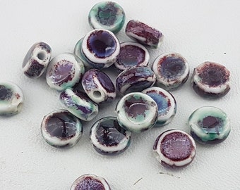 round flat ceramic beads,blue ceramic beads,burgundy spots porcelain beads,flat porcelain beads,blue glazed bead,turquoise porcelain bead
