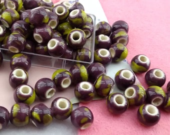 purple ceramic beads,bulk price purple porcelain beads,yellow spots ceramic beads,8 mm ceramic bead,big hole ceramic glazed bead,purple bead