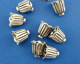 tulip flower bead caps,silver tone tassel caps,floral bead caps,vintage flower cord end,tulip flower tassel cap,tulip flower shaped bead end