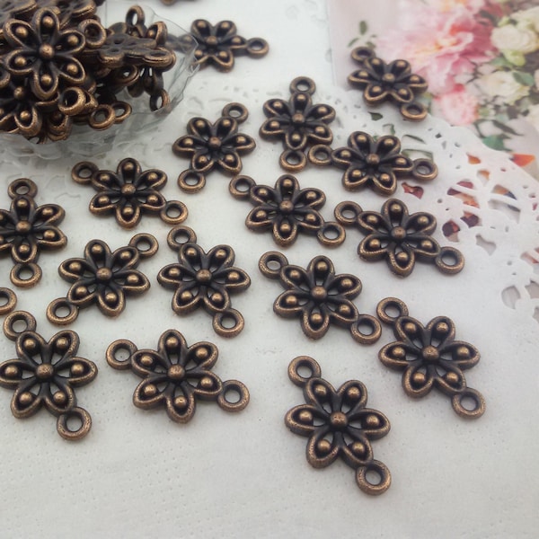 antiqued copper flower connectors,decorative flower copper Links,copper tone floral ornament for necklace,copper Tone flower adornment