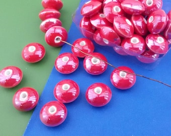 pottery beads,8 red ceramic beads,red pottery wheel porcelain beads,rondelle porcelain bead,red glazed beads,porcelain big red saucer beads