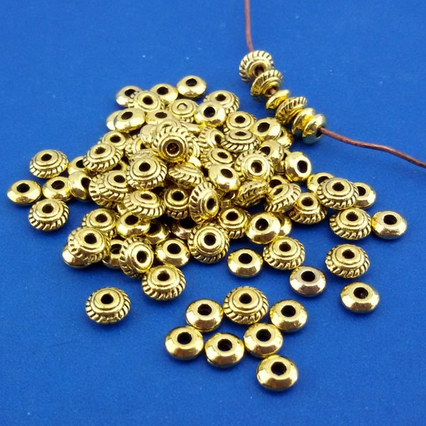 ancient gold tone tiny metal beads,ornate gold tone small metal beads,gold tone big hole metal spacer bead,circle 4 mm gold connector beads