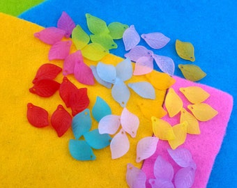 frosted acrylic leaves,leaves spacers beads,multicolored leaf beads,plastic leaves green,pink leaves,small purple acrylic leaf,blue leaves