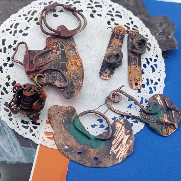 assemblage jewelry parts,antique copper elements,altered copper pieces,salvaged copper pendant,copper tribal elements,patina rustic copper