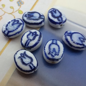 blue flower ceramic beads,blue tulip porcelain beads,decorative flower ceramic bead,floral porcelain glazed bead,large hole ceramic bead