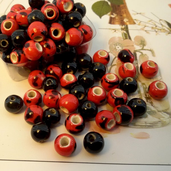 red black mix ceramic beads,bulk price ceramic beads,red and black porcelain beads,red color mix ceramic glazed bead,big hole porcelain bead