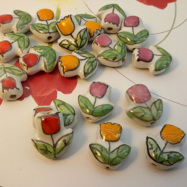 colorful flower ceramic beads,pastel color ceramic beads,decorative flower ceramic bead,focal flower ceramic glazed bead,pink ceramic flower