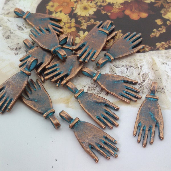 protection hand charm antique blue patina,Shaman's hand bronze tone adornment,blessing hand ornament for bracelet,healer's hand pendant