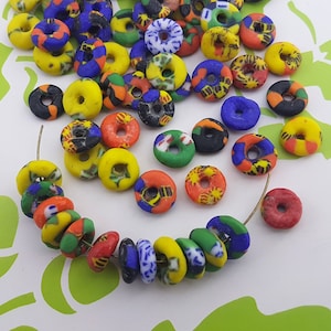 colorful fair trade glass beads,multicolored glass Krobo rondelle bead,colorful ethnic glass bead,traditional Ghanaian fused glass disk bead