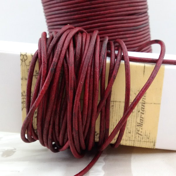 antique wine red leather cord,5 metres,2 mm round distressed leather lace,gipsy red jewelry leather cord ,vintage natural red leather thong