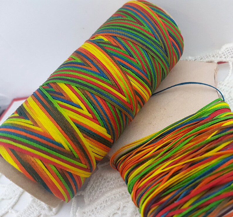 Polyester Flat Cord 1 mm,rainbow waxed thread,colorful polyester thread,braided Waxed colored Cord,leather sewing cord,rainbow waxed thread image 2