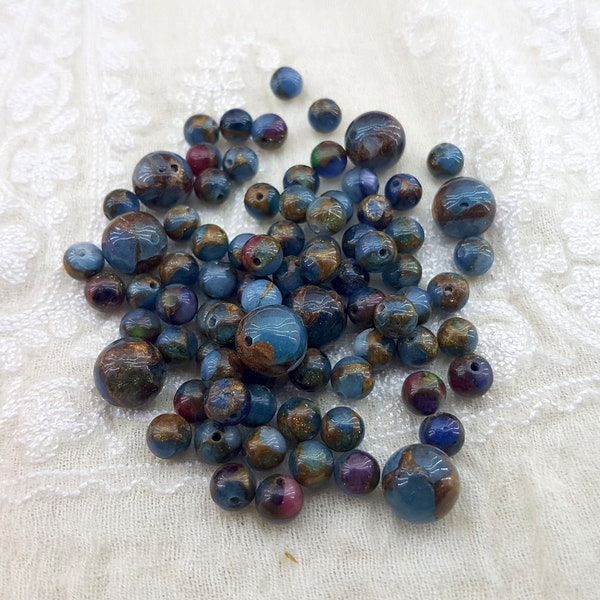 cloisonne like blue beads,dark blue and gold glass beads,blue glass beads cloissone imitation,gold inserts blue glass beads