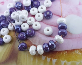 purple glossy ceramic beads,white mix pottery beads,dark purple mix glazed ceramic beads,white ceramic beads,white rondelle porcelain beads