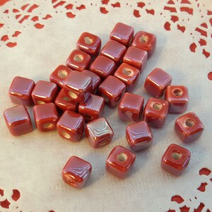 red pottery beads,red ceramic beads,small cubes porcelain beads,cube porcelain bead,red glazed ceramic beads,porcelain small red cube beads