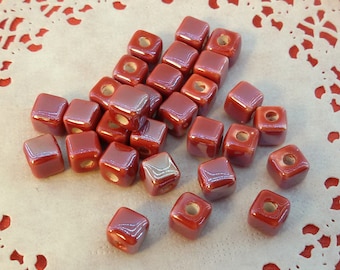 red pottery beads,red ceramic beads,small cubes porcelain beads,cube porcelain bead,red glazed ceramic beads,porcelain small red cube beads