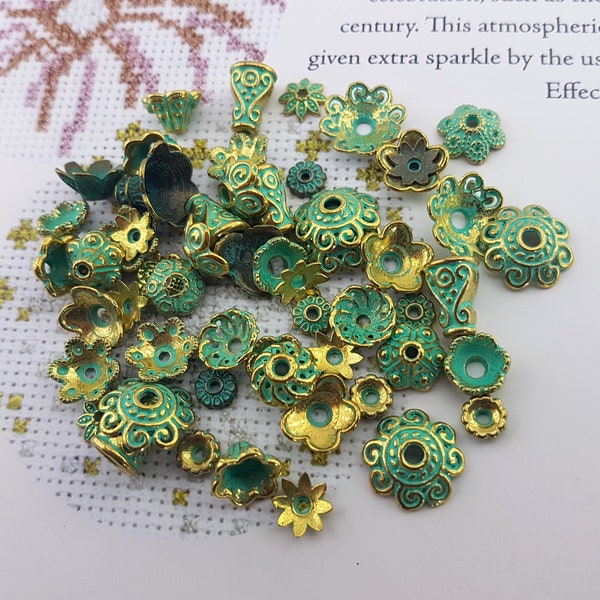 verdigris bead caps,patina bead caps,flower shaped bead caps,green bead caps,bronze tone flower bead ends,antique green patina bead caps